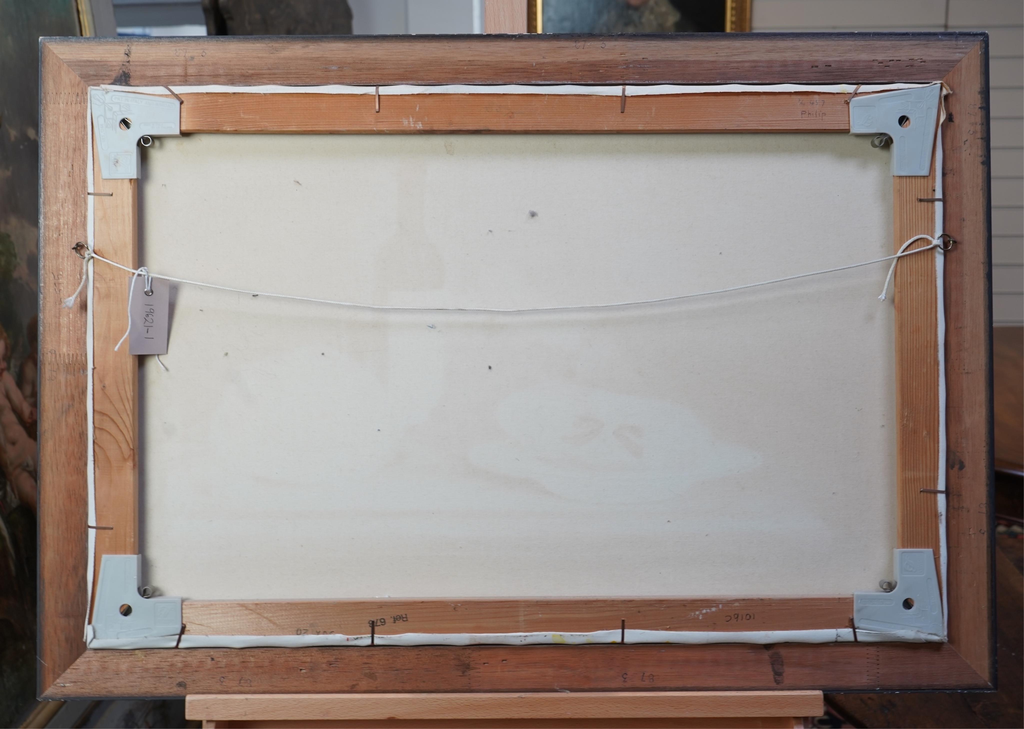 Raymond Campbell, b. 1956, A still life study of a crab, grapes, wine and bread on a ledge